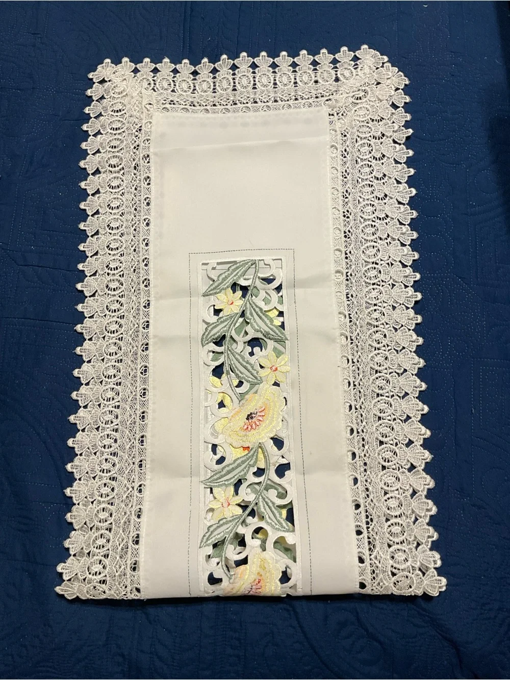 Cream Embroidered Floral Table Runner Cutout Lace - Yellow Flower Detail 50”